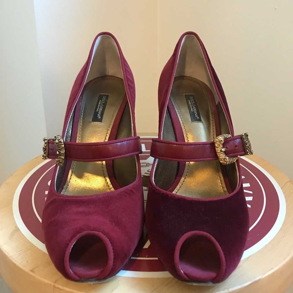 Dolce & Gabbana Burgundy Peep-Toe Mary Jane Heels with Gold Buckles